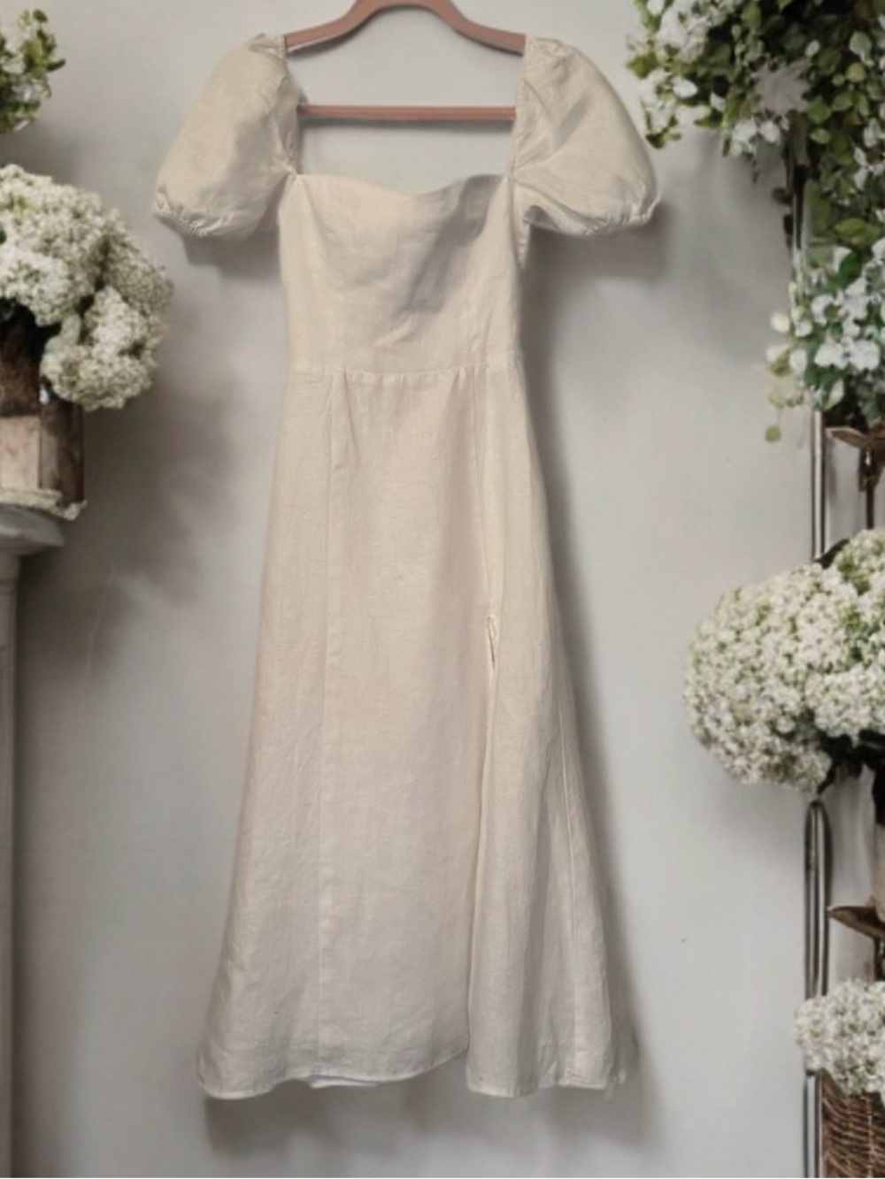 Reformation Denver White Linen Open Back Puff Sleeve Romantic Midi Dress Size 0 - Picture 6 of 11